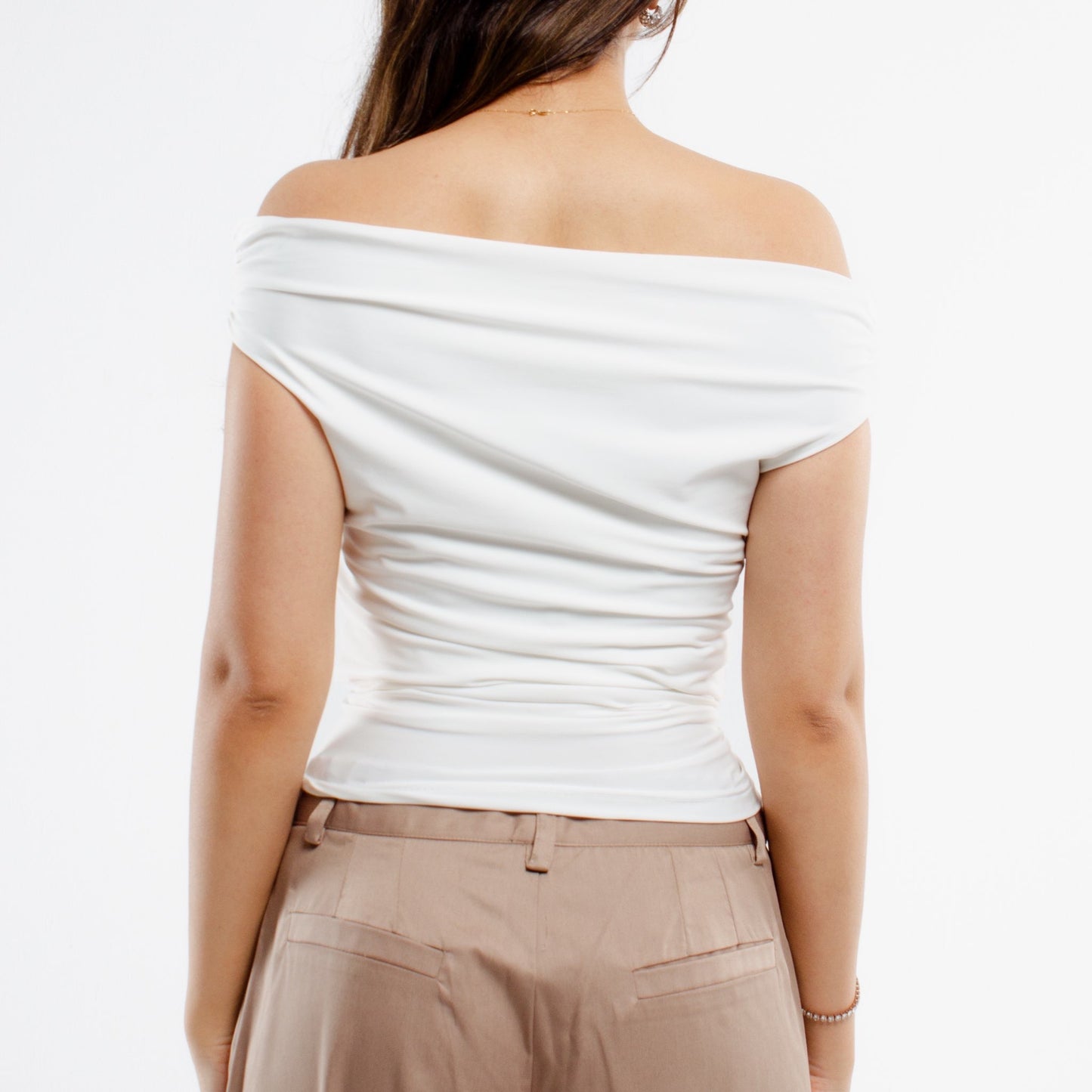 white asymmetrical ruched top