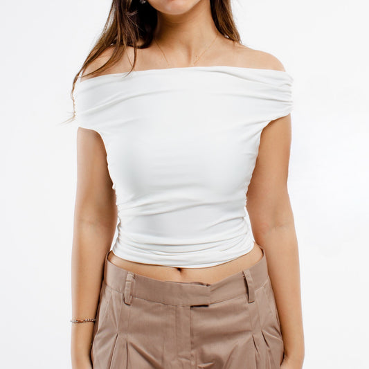 white asymmetrical ruched top
