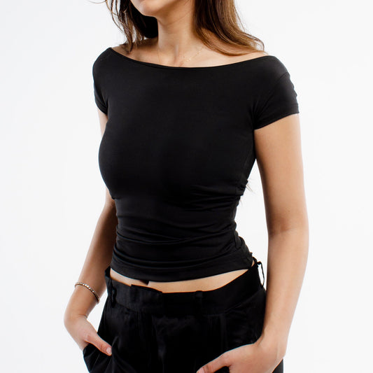 black boat-neck top